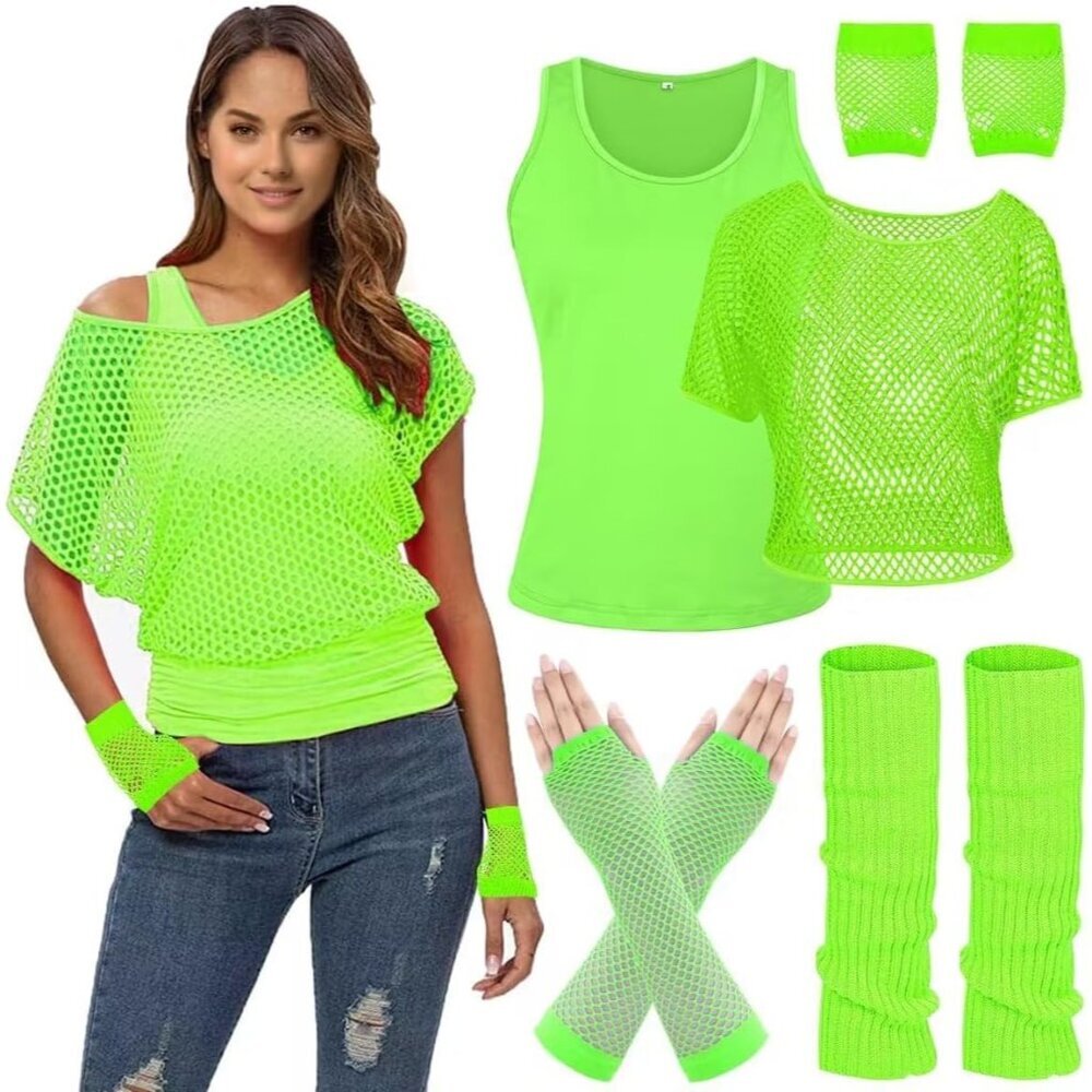 Women 80s Fishnet Neon Costume Set 8PCS Off Shoulder Crop Top Gloves